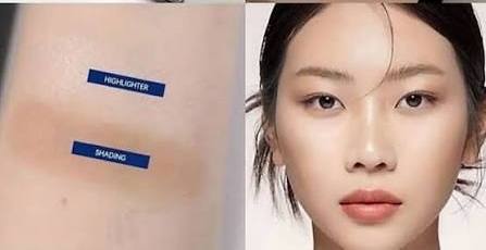 HERA Face Contouring Duo highlighter and shading swatches with a natural contouring makeup result.